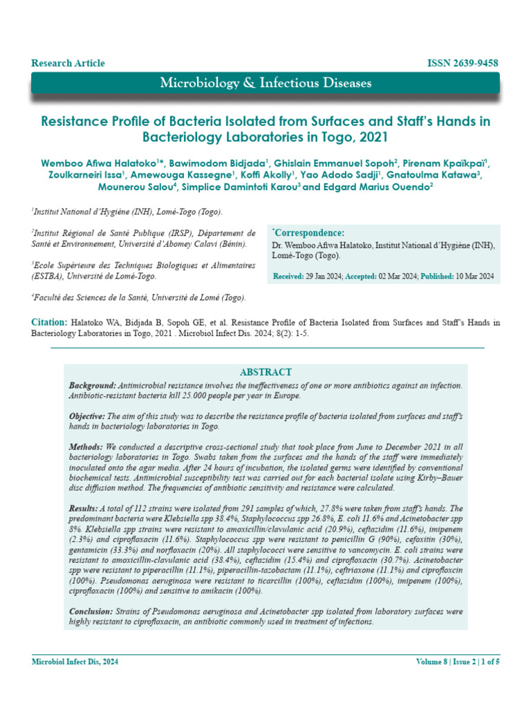 Resistance Profile of Bacteria Isolated From Surfaces and Staffs Hands ...