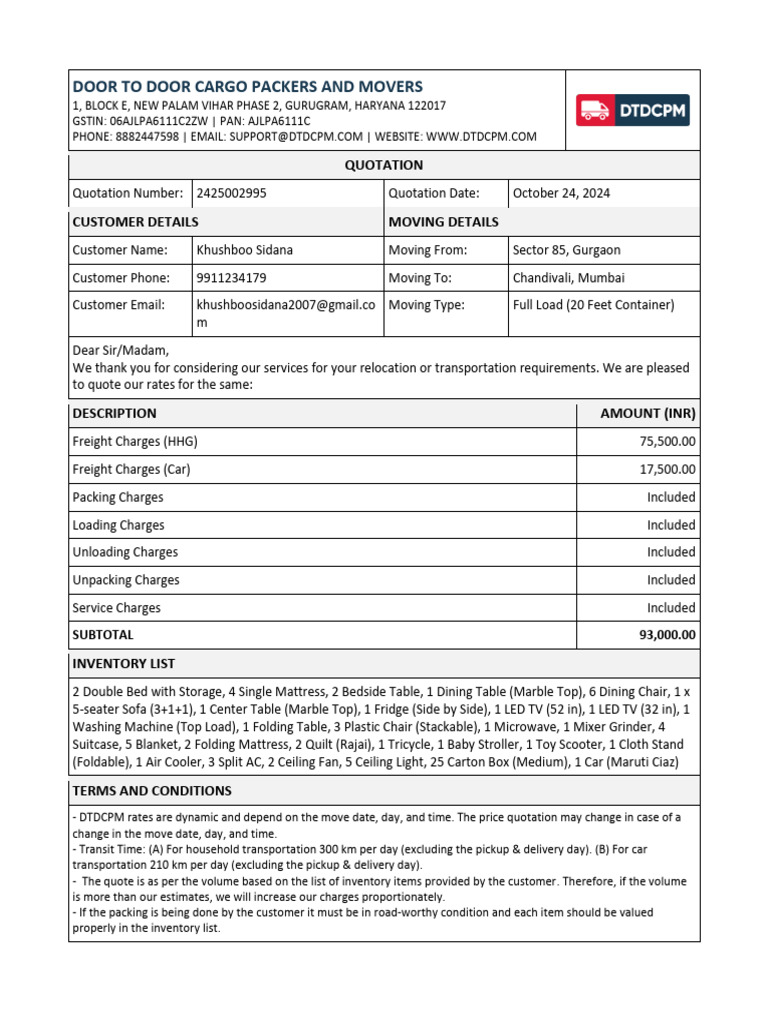 DTDCPM Quotation for Mumbai Move | PDF | Insurance | Car