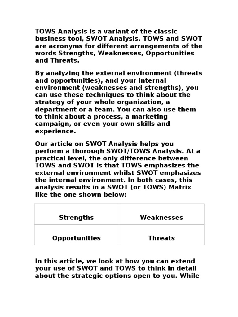Tows Analysis Is A Variant Of The Classic Business Tool Pdf Swot