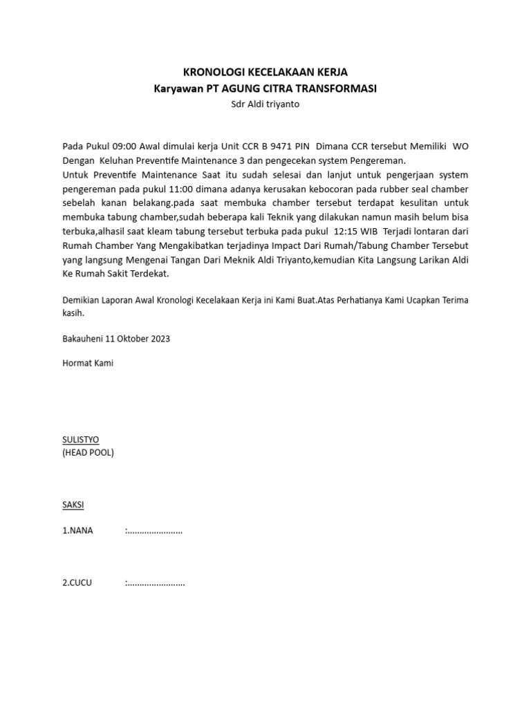 Kronologi Kecelakaan Kerj | PDF