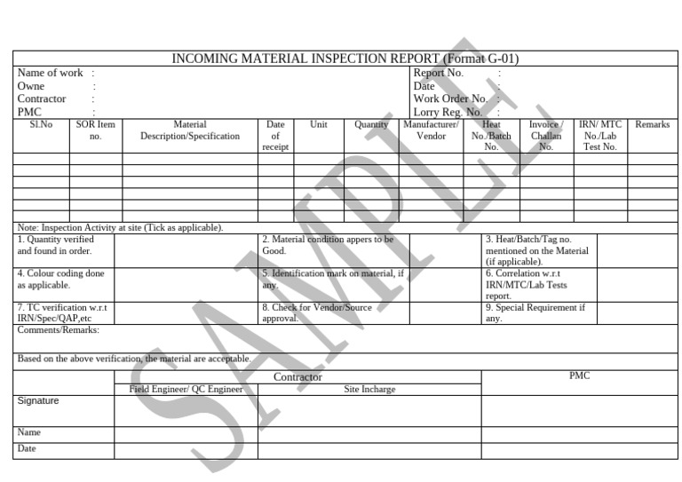 Incoming Material Inspection Report G-01 | PDF