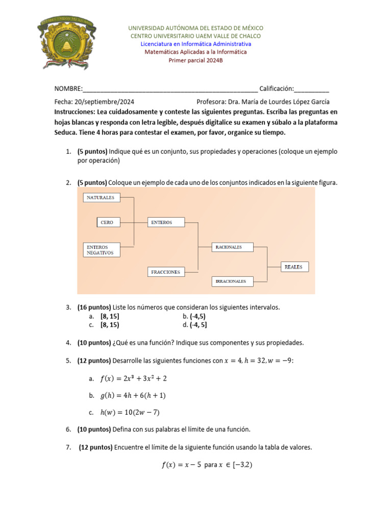 Examen de Matemáticas Aplicadas 2024B | PDF | Función (Matemáticas ...