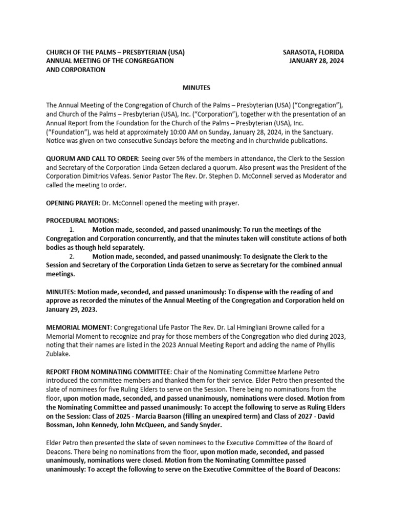 Minutes 2024 01 28 Annual Meeting of The Congregation Web | PDF ...