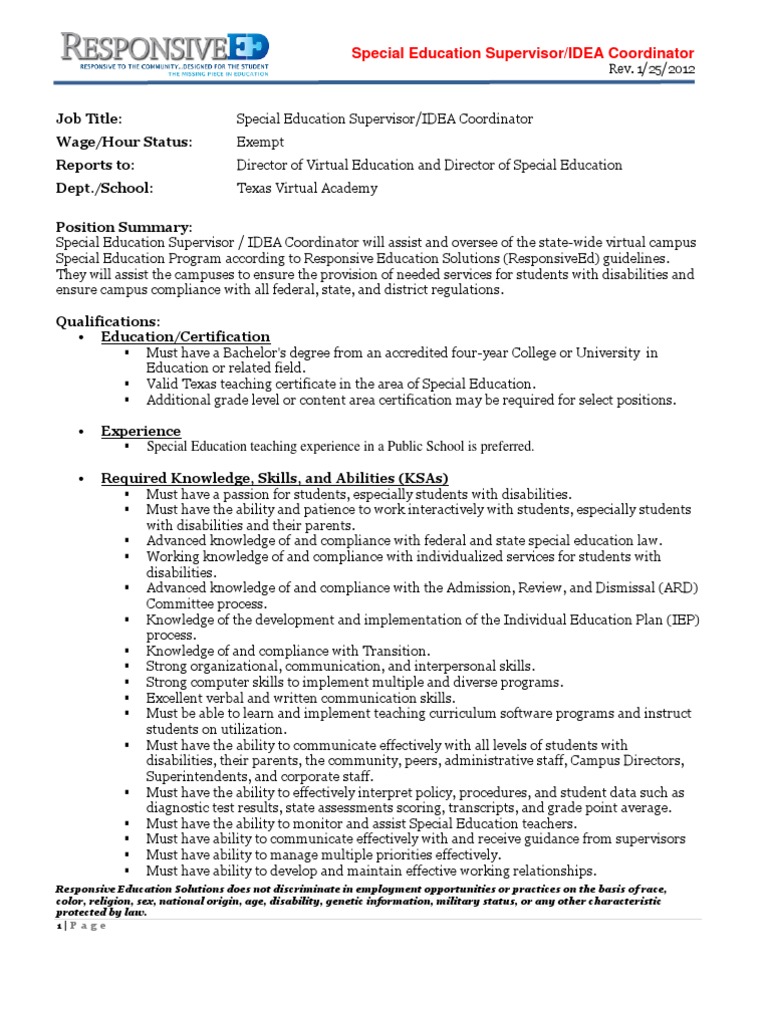 Special Education Supervisor IDEA Coordinator TxVA Job