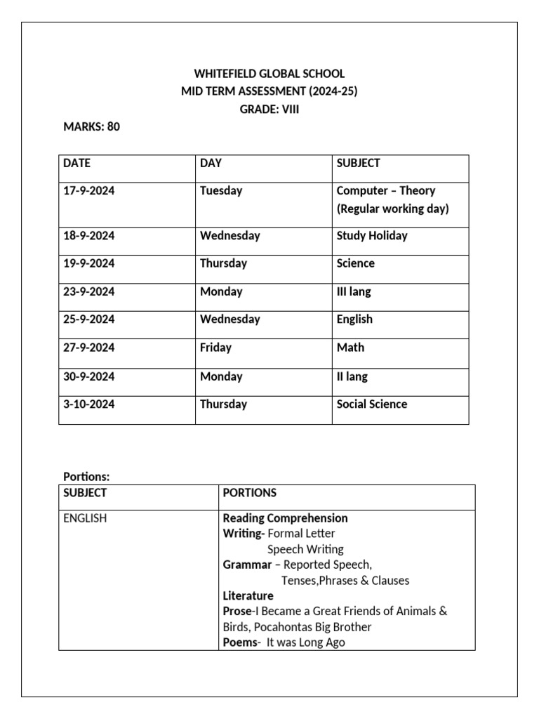 Grade 8 Mid Term Exam Schedule 2024-25 | PDF | Linguistics | Languages ...