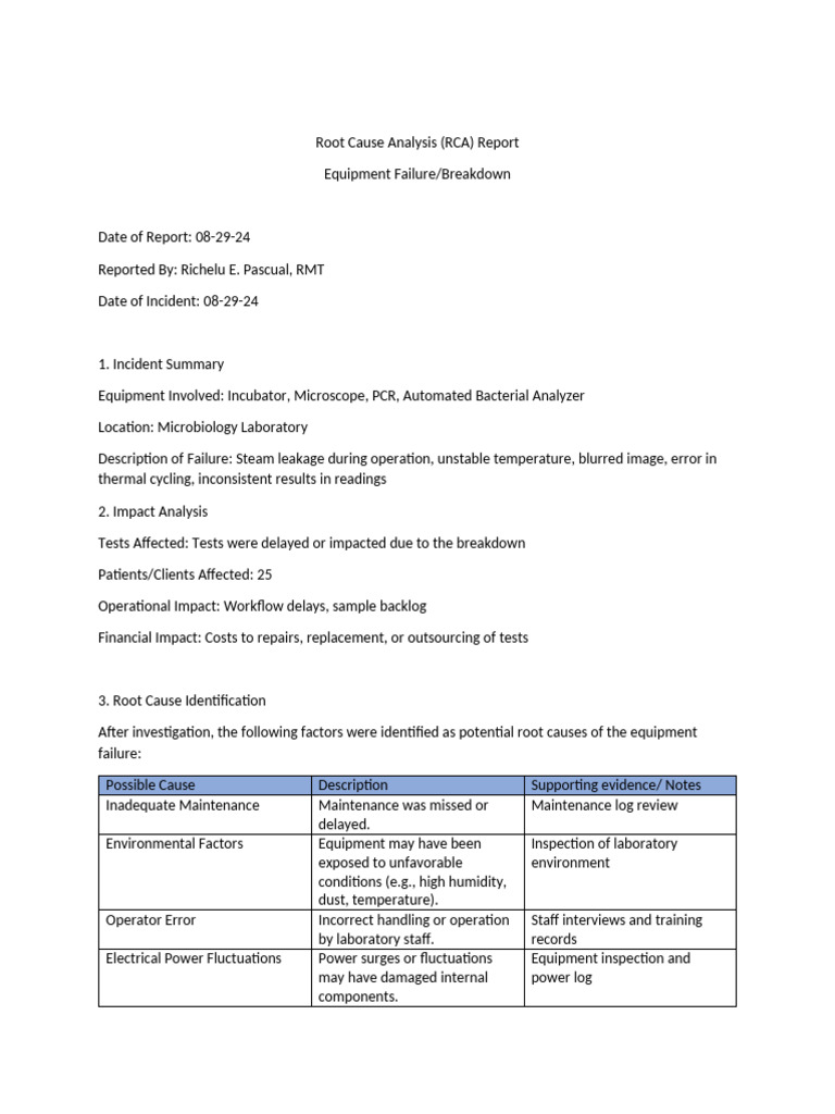 RCA Report: Equipment Failure Analysis | PDF | Laboratories
