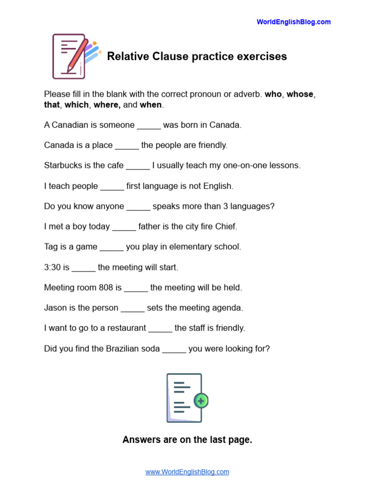 Relative Clause Practice Worksheet | PDF | Subject (Grammar) | Syntax
