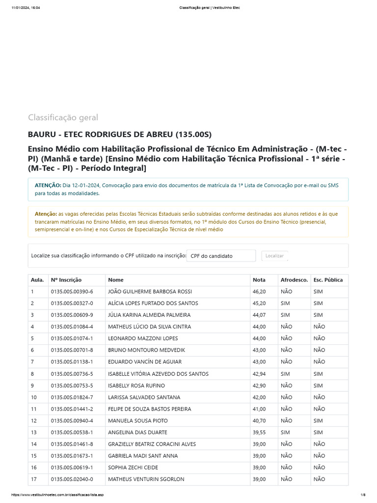 Classificação Geral - Vestibulinho Etec ADMINISTRAÇÃO | PDF | Escolas ...