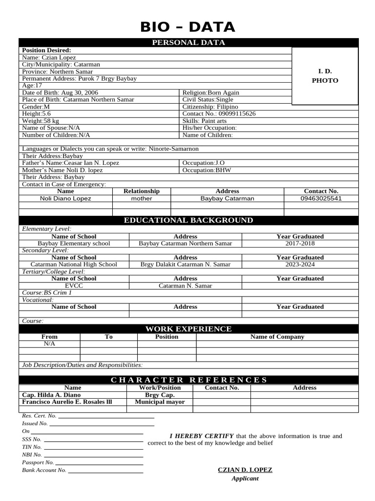 Czian Lopez - Personal and Educational Bio | PDF