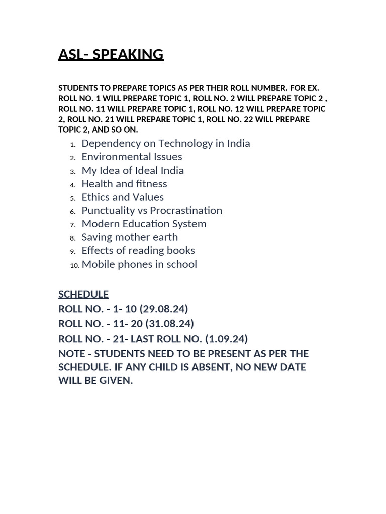 Asl Topics Class 12 24-25 | PDF
