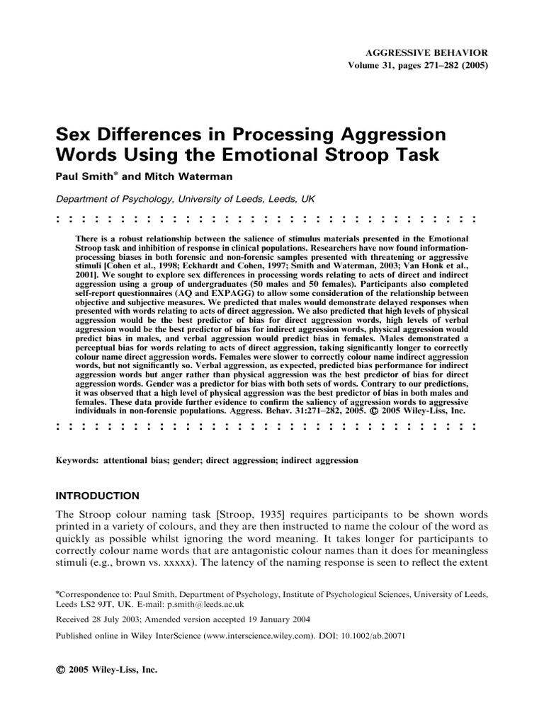Aggressive Behavior - 2005 - Smith - Sex Differences in Processing ...