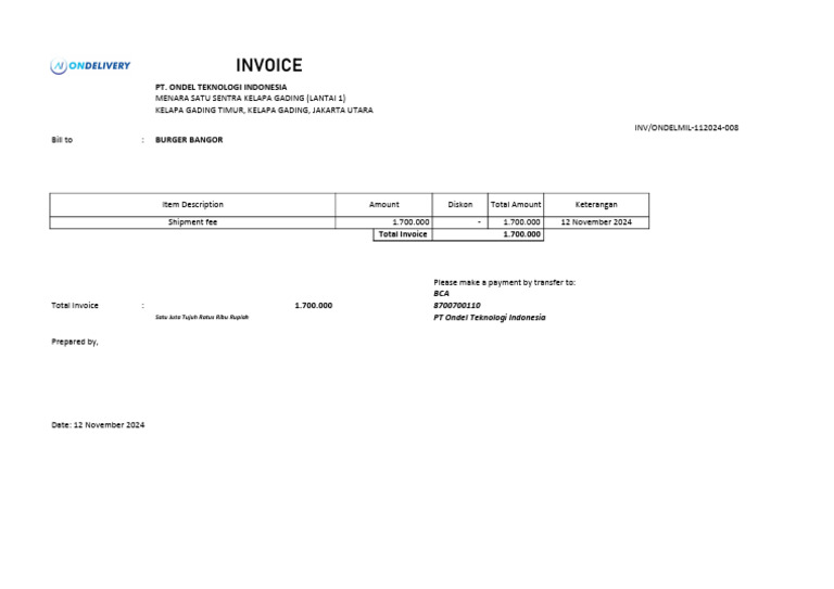 Invoice for Burger Bangor - PT Ondel Teknologi | PDF