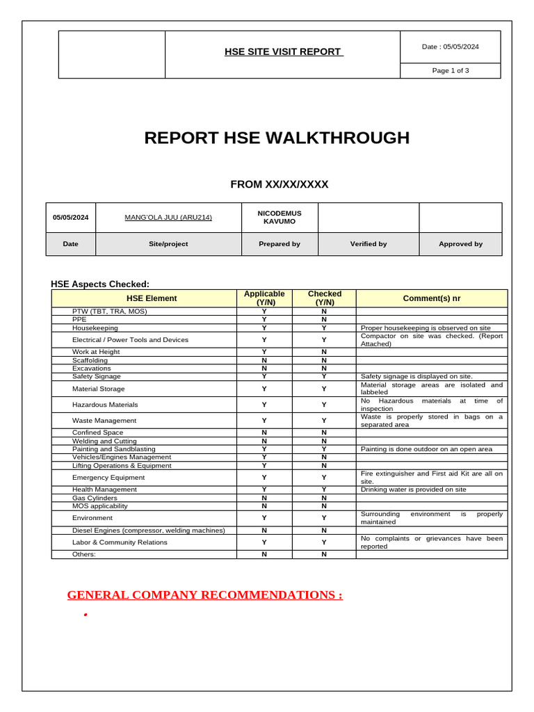 HSE Walkthrough Report Summary | PDF | Housekeeping | Occupational ...
