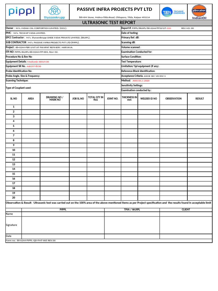 Ultrasonic Test Report for IOCL | PDF