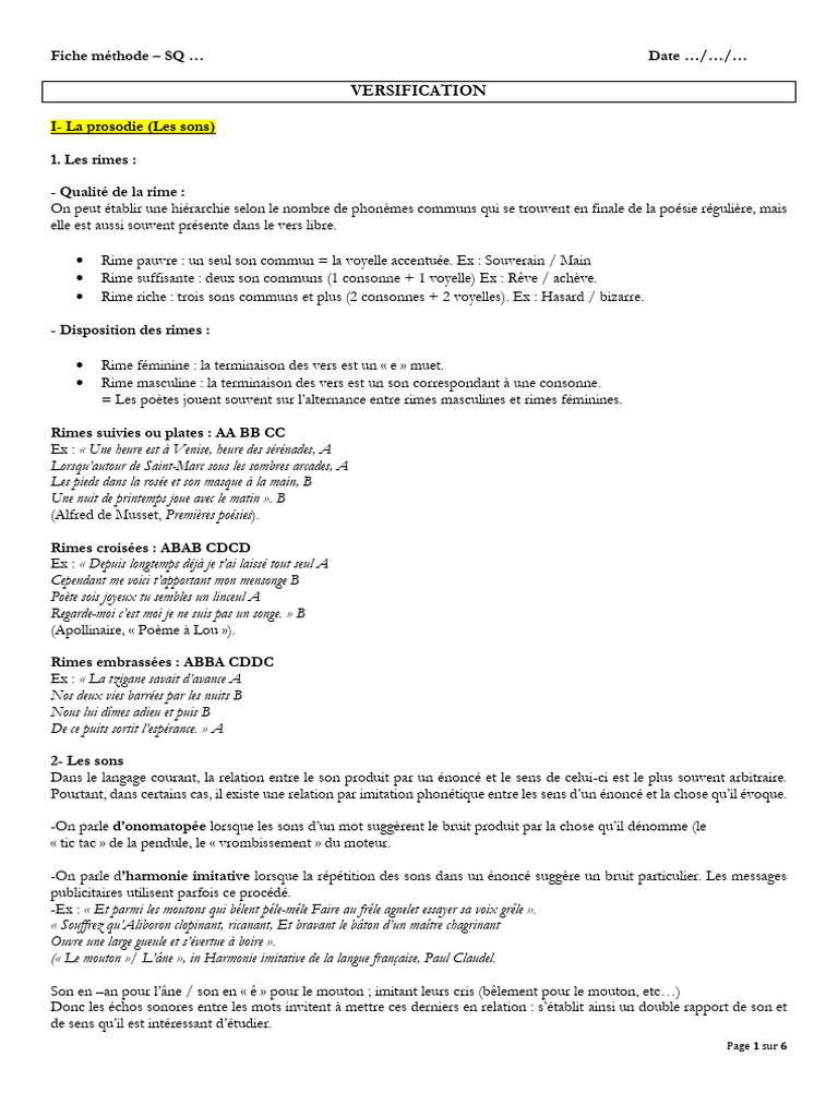 Fiche de Versification et Rimes | PDF | Accent tonique | Rime dans la ...