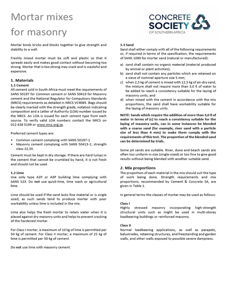 Mortar Mixes For Masonry 2024 | PDF | Mortar (Masonry) | Cement