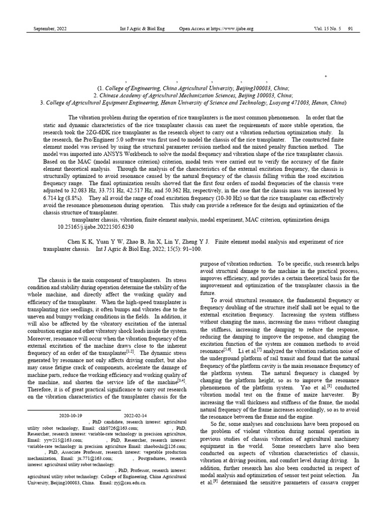 Finite Element Modal Analysis and Experiment of Rice Transplanter ...