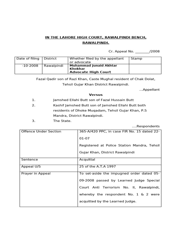 Lahore High Court Appeal on Acquittal | PDF | Acquittal | Judgment (Law)