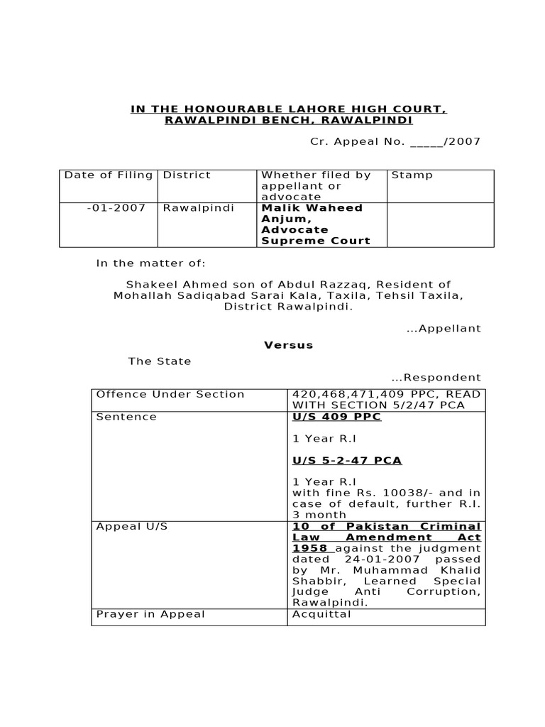 Appeal Agaisnt The Acquittal Order (Shakil) in High Court | PDF ...