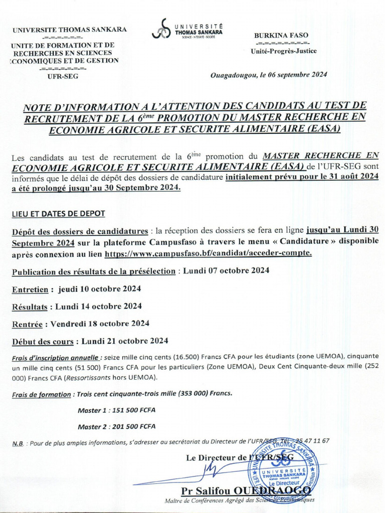 Prorogation recrutement masters seg uts pdf