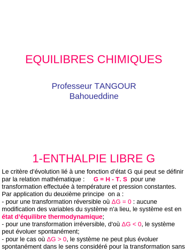 Équilibres Chimiques et Enthalpie Libre | PDF | Équilibre chimique ...
