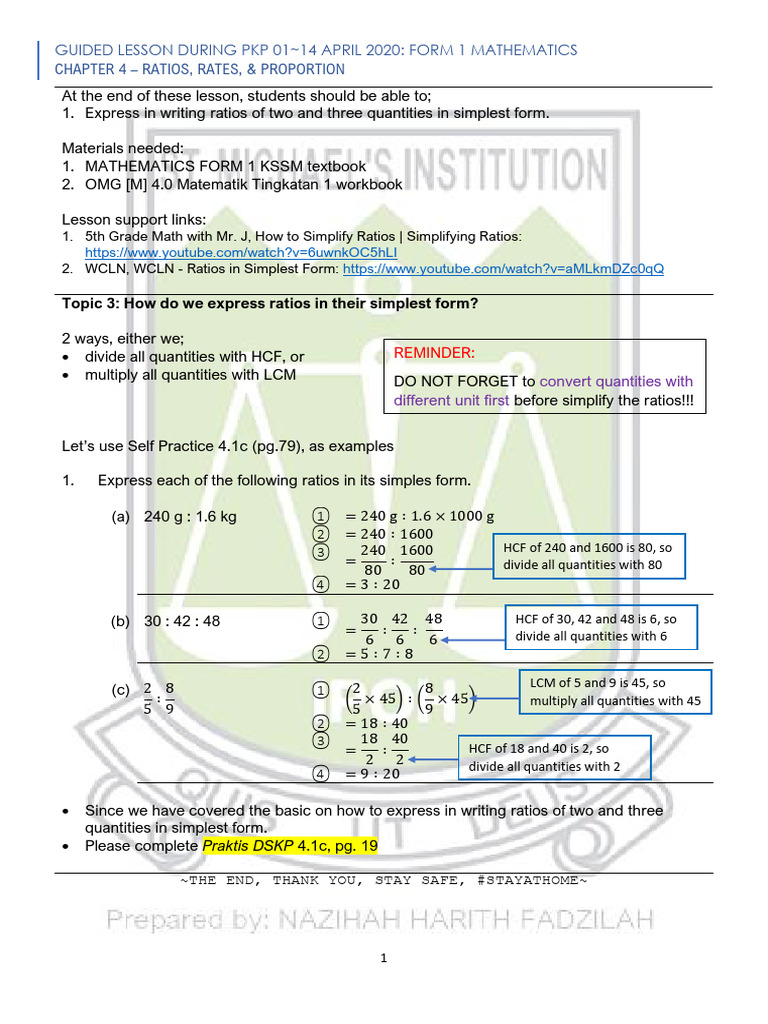F1 Mathematics Guided Lesson 4.1.3 | PDF | Ratio | Mathematics