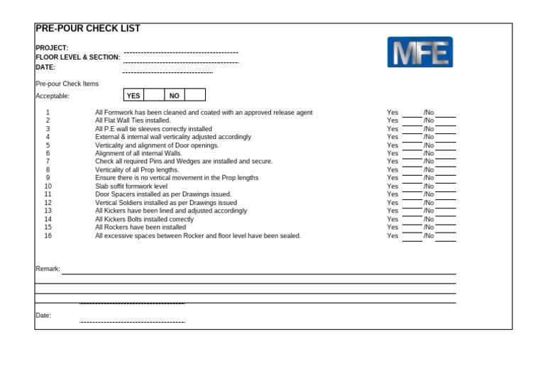 13.pre Pour Check Document A (1c) | PDF