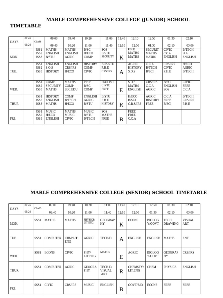 Mable Comprehensive College Timetable | PDF