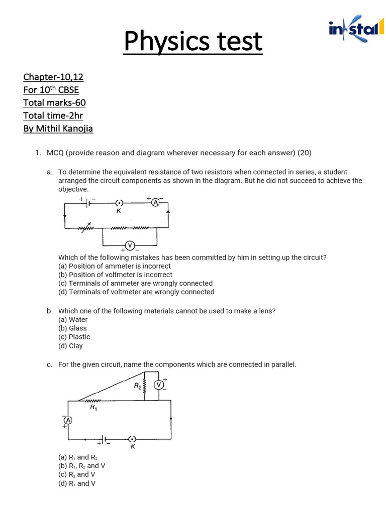 CBSE 10th Physics Test: Chapters 10 & 12 | PDF | Series And Parallel ...