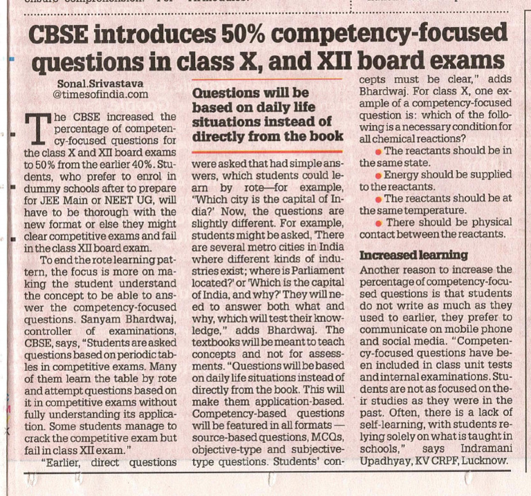 CBSE Increases Competency Questions to 50% | PDF | Student Assessment ...