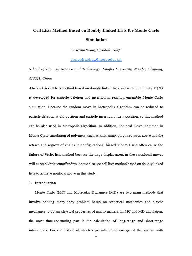 Doubly Linked Cell Lists for MC Simulations | PDF | Monte Carlo Method ...