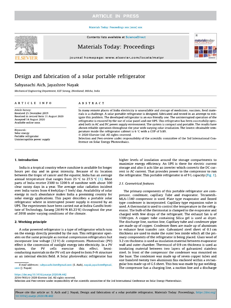 Design and Fabrication of Portable Solar Powered Refrigerator | PDF