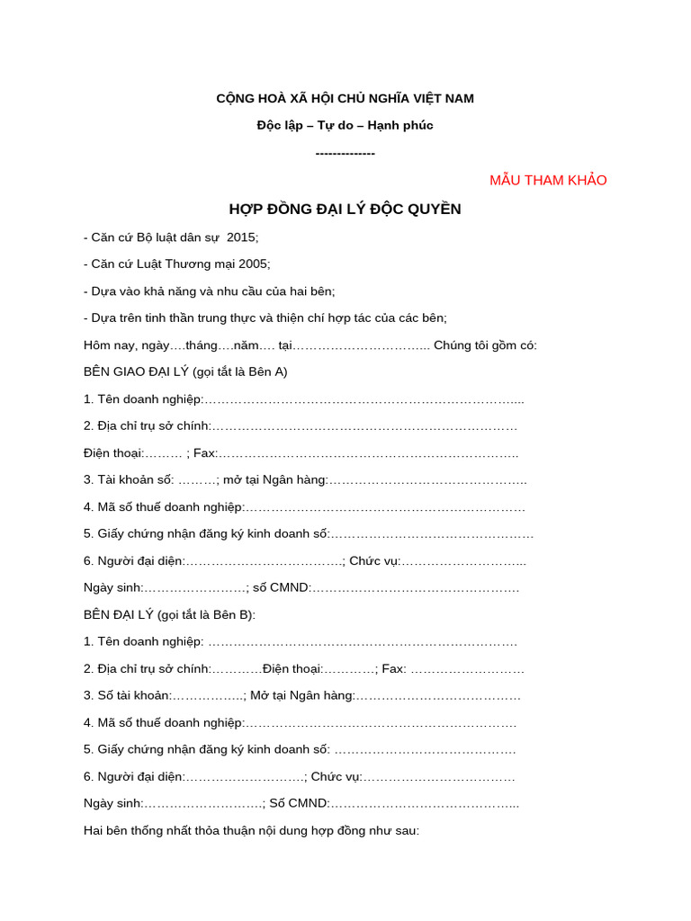 Hop Dong Dai Ly Doc Quyen | PDF