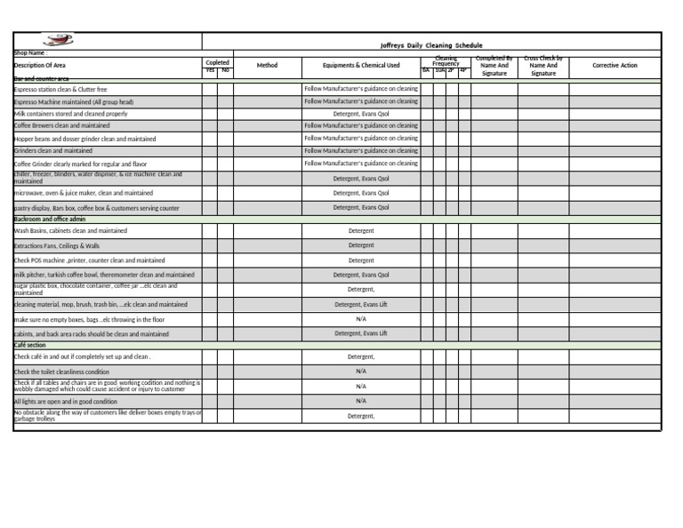 Daily Cleaning Schedule | PDF | Coffee | Coffeehouse