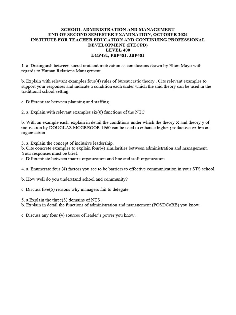 School Administration and Management Answers | PDF | Teachers | Policy