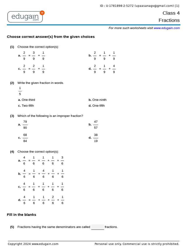 Class 4 Fractions Worksheet | PDF | Arithmetic | Division (Mathematics)
