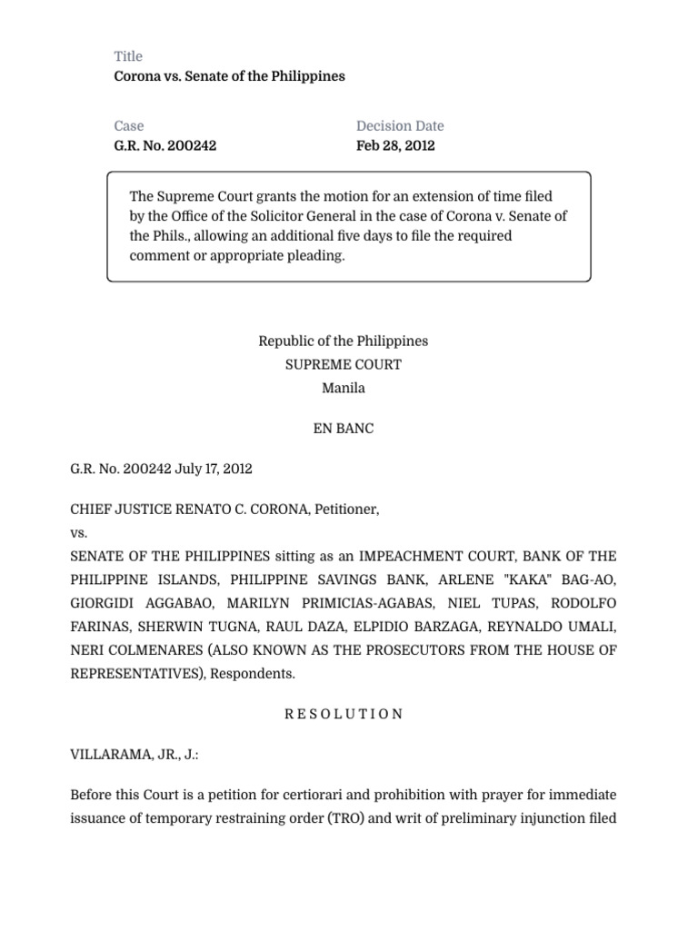 G r no 200242 corona vs senate of the philippines motion for