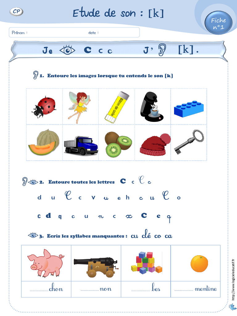 Exercices sur le son [k] pour CP | PDF | Méthodes et références ...