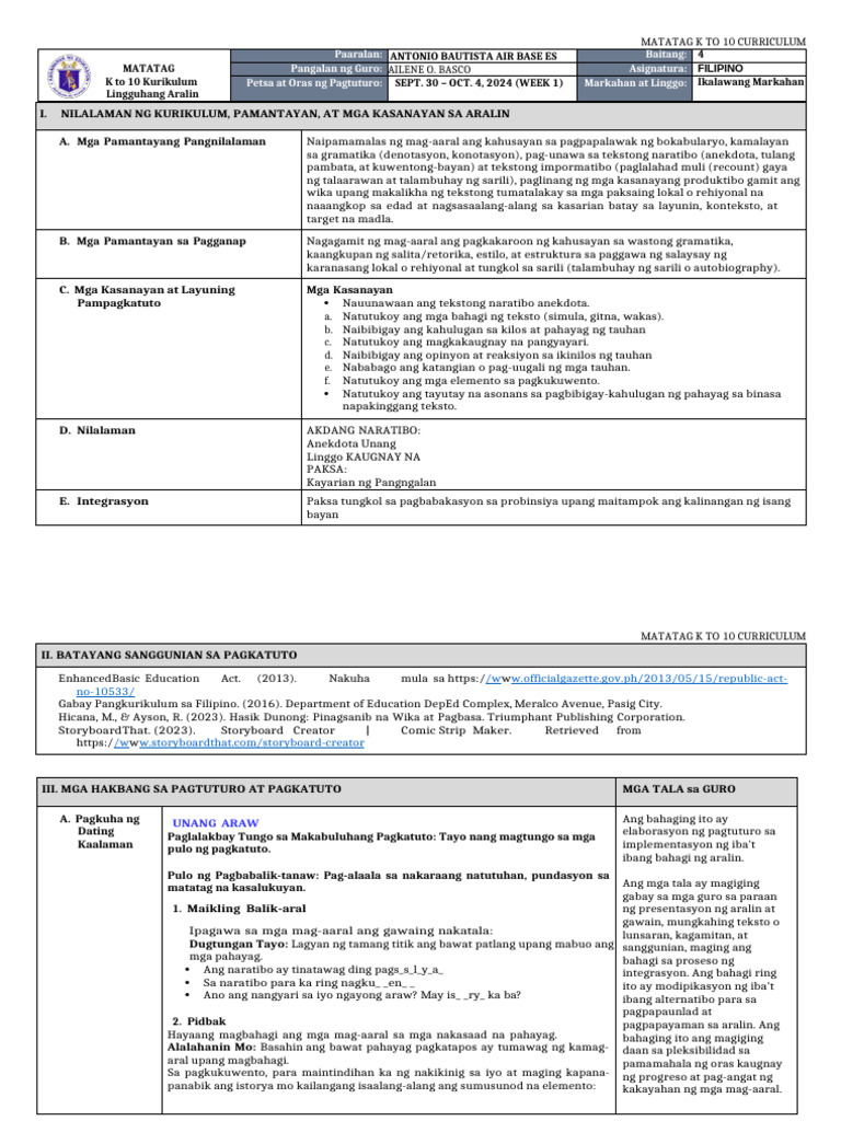 DLL Matatag - Filipino 4 Q2 W1 | PDF