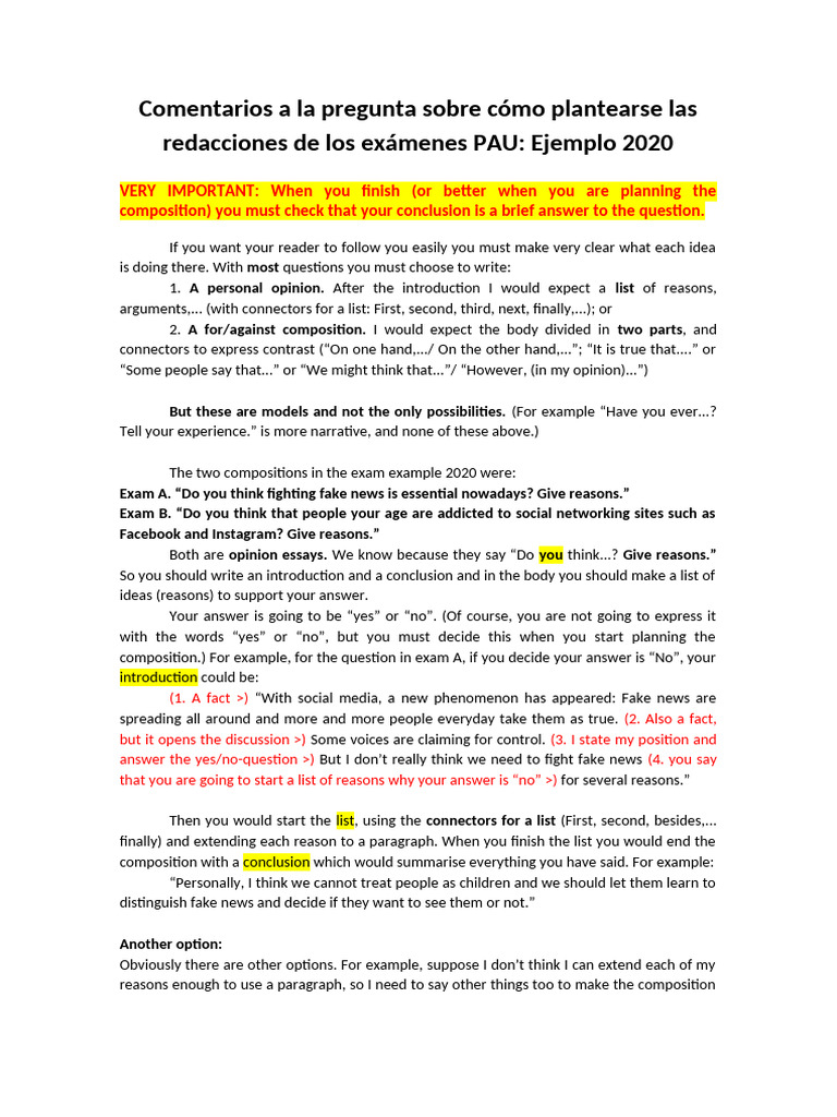 Comments To Planning A Composition Ejemplo PAU 2020 | PDF | Reason ...