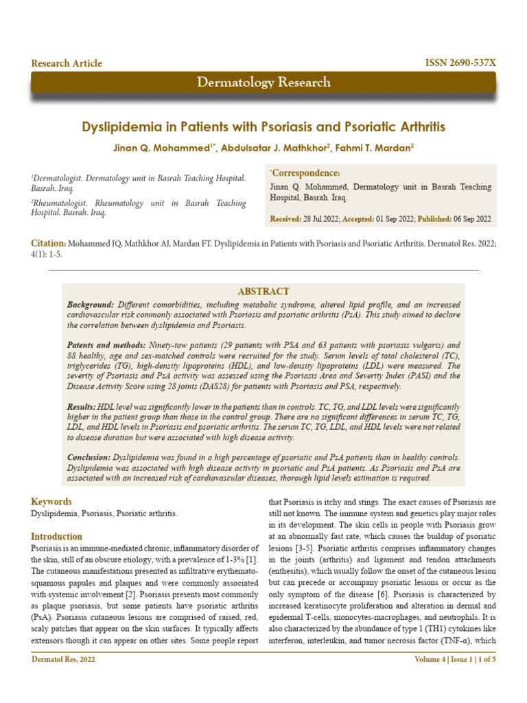Dyslipidemia in Psoriasis and PsA Patients | PDF | Psoriasis | High ...