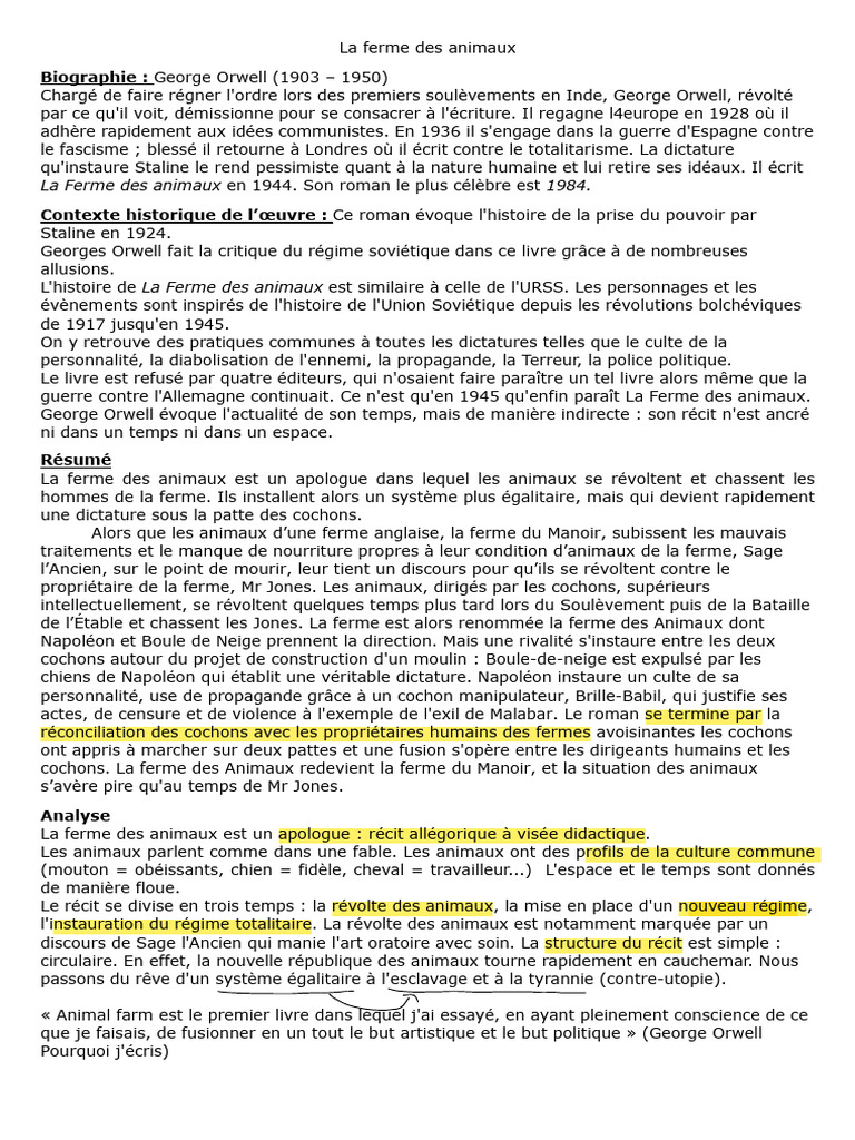 Résumé de La Ferme des Animaux | PDF