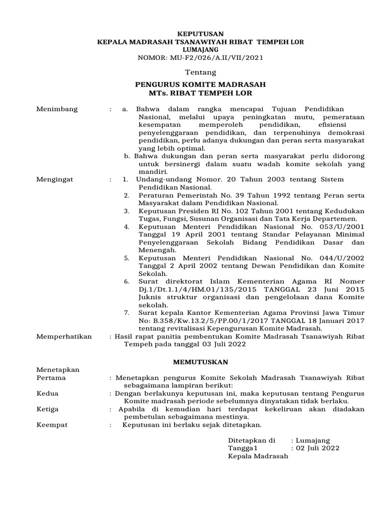 Pengurus Komite MTs Ribat Tempeh Lor | PDF