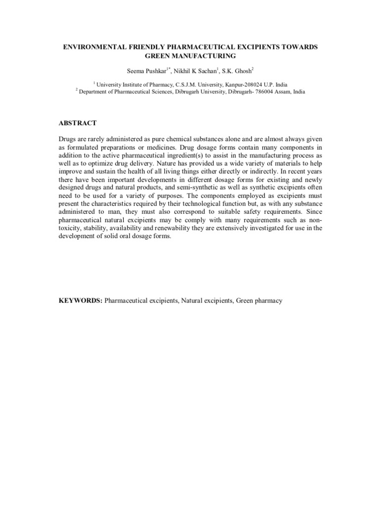 Sustainable Excipients in Pharma | PDF | Pharmaceutical Formulation ...