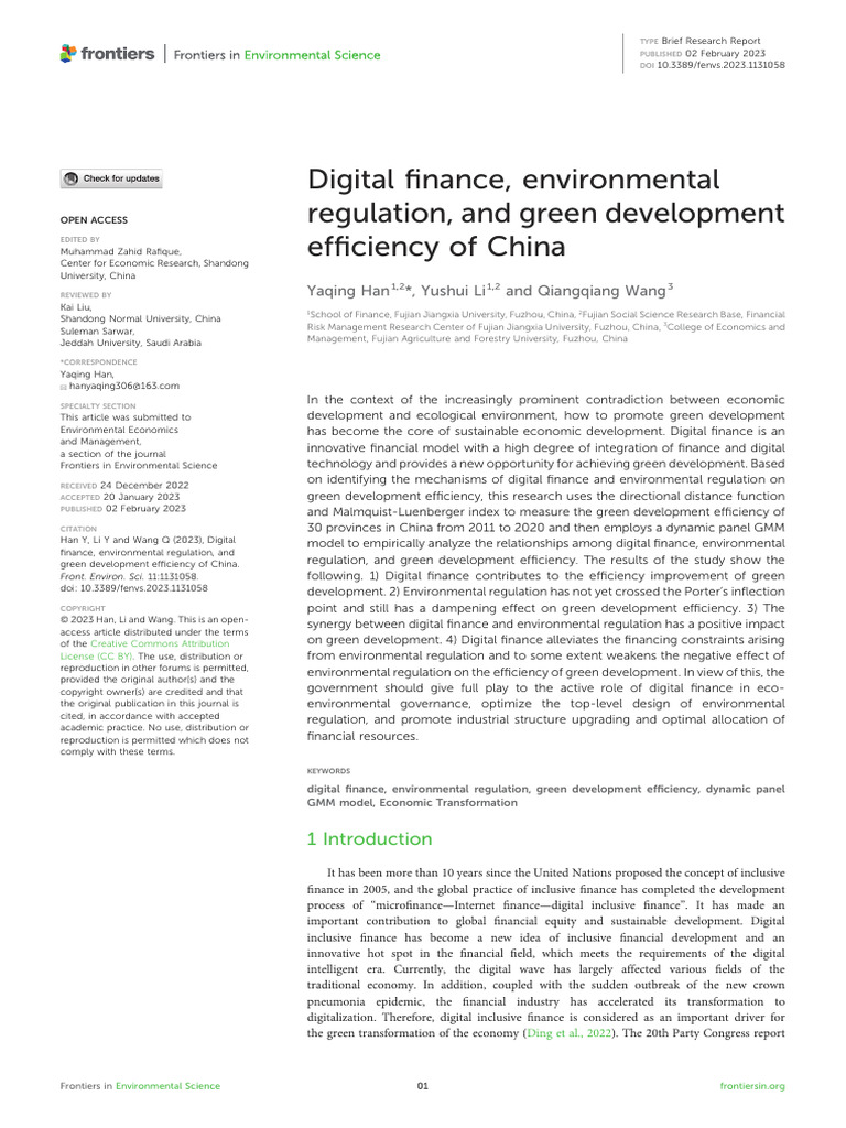 Digital Finance Environmental Regulation and Green | PDF | Innovation ...
