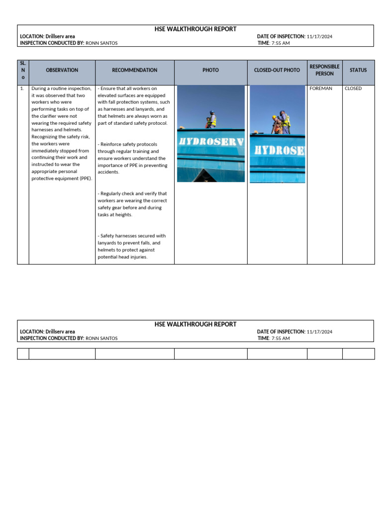 HSE Inspection Report: Drillserv Area | PDF
