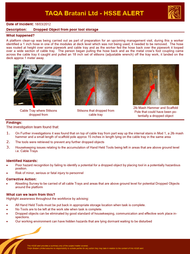 HSSE Alert Dropped Object From Poor Tool Storage DROPS Version | PDF ...