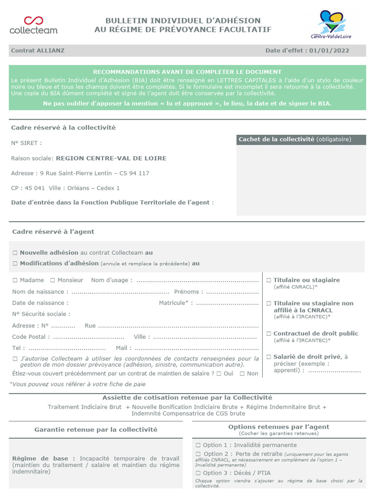 Bulletin d'adhésion prévoyance Collecteam | PDF | Congé maladie | Business