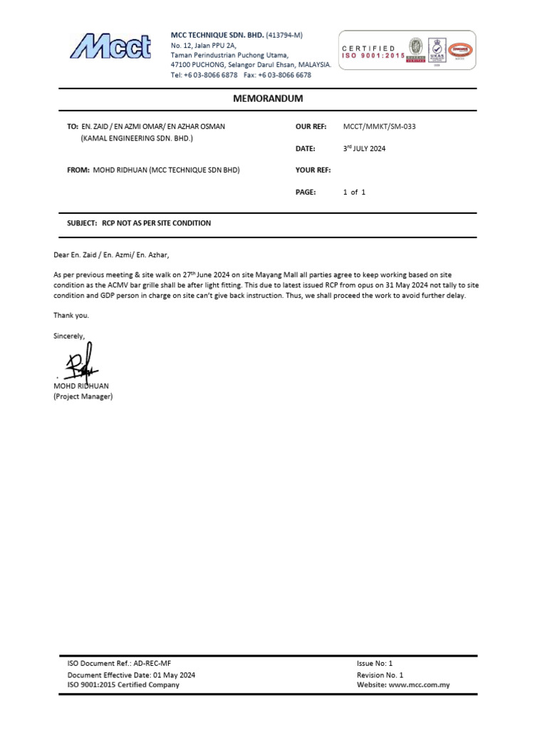 Site Memo No 33 - RCP Not As Per Site Condition | PDF | Technology ...