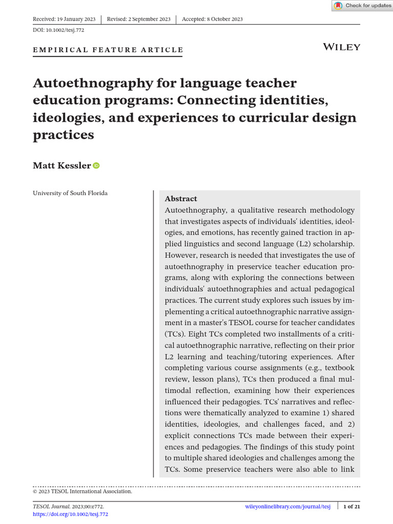 Autoethnography in TESOL Teacher Ed | PDF | English As A Second Or ...